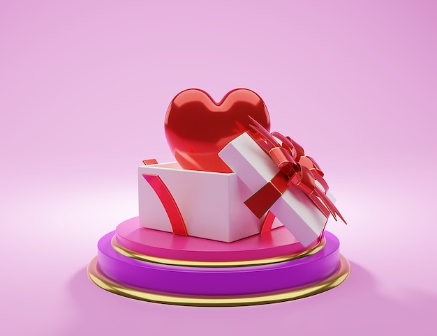 Gift box open with red balloon heart, 3d illustration