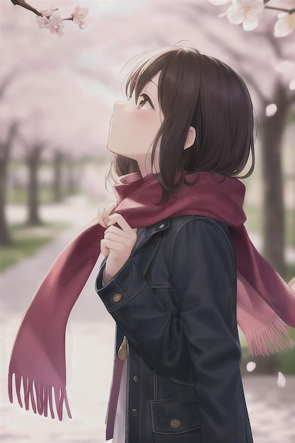 A girl in a black jacket looks up at the sky and the cherry blossoms are visible.