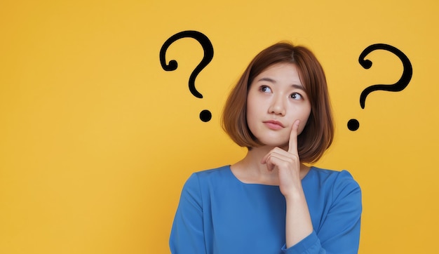 Photo girl in deep thought with hand on chin on yellow