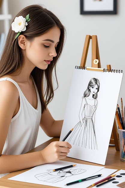 Photo a girl in a dress painting with a pencil and a drawing of a dress