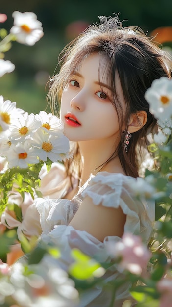 Photo a girl in a flower field with the words  love  on the face