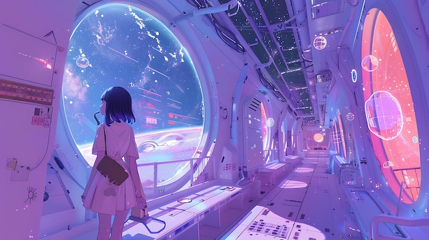 Photo girl gazing at the stars through spaceship window