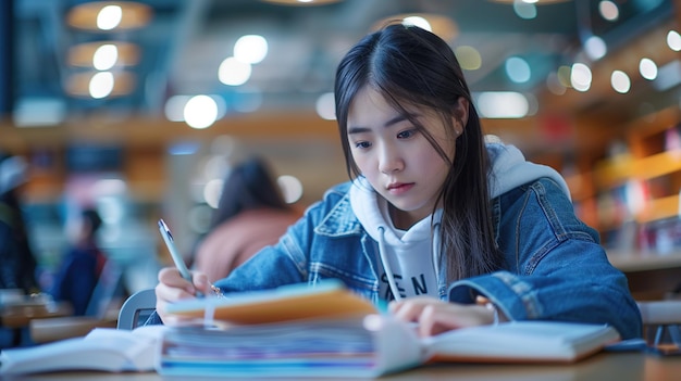 Photo a girl is sitting at a table with a book and a pen