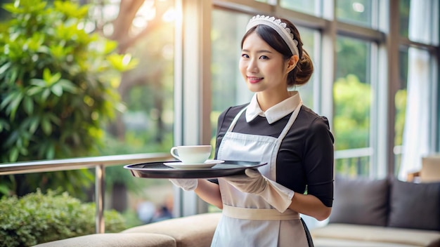 Foto ragazza domestica che tiene il vassoio