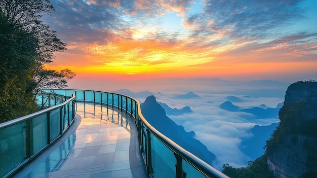 Photo glass bridge over mountains at sunrise