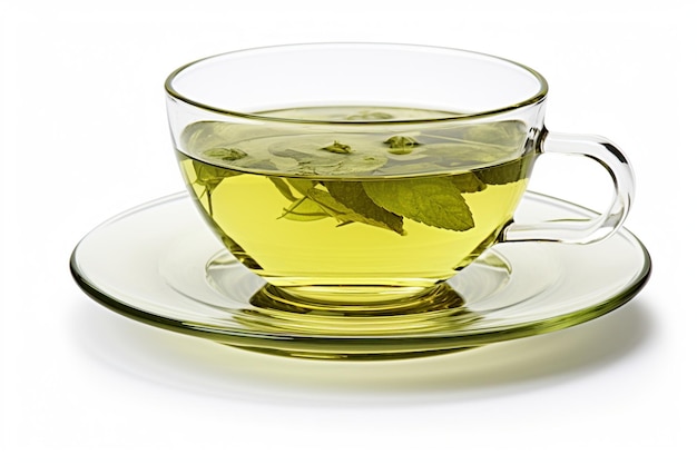 Photo glass cup of black tea on saucer with dry leaves of green tea on white isolated background