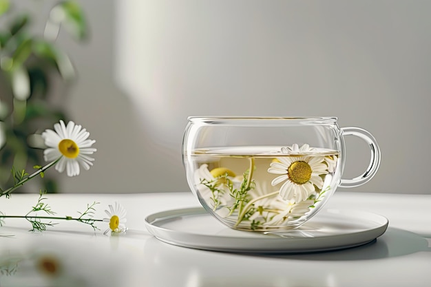 Photo glass cup with fragrant a camomile tea