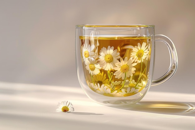 Photo glass cup with fragrant a camomile tea