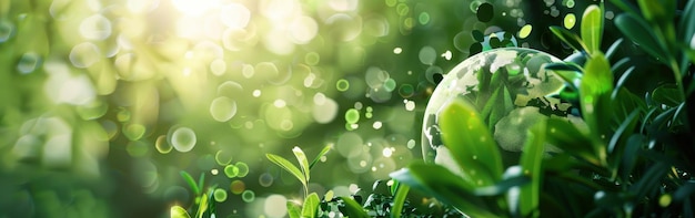 Photo a glass globe earth surrounded by lush green foliage and sunlight