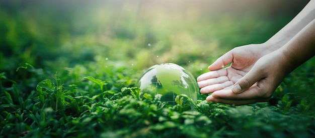 The glass globe is on a green background Man saving the green planet saving the earth saving the planet Sustainable environmental and environmental concept