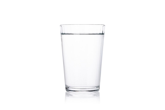 Glass of water with ground reflection isolated on white