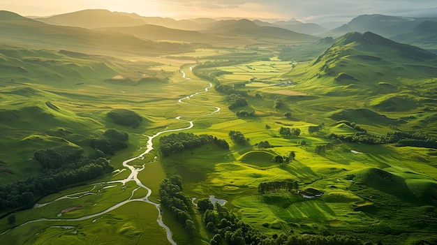 Photo a glider flight over the lush valleys and rolling hills of the scottish highlands during the golden