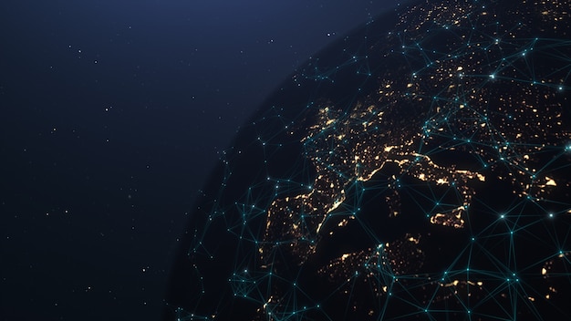 Global network connection. Communication technology global network. Global world network and telecommunication on earth cryptocurrency and blockchain and IoT. Elements of this image furnished by NASA