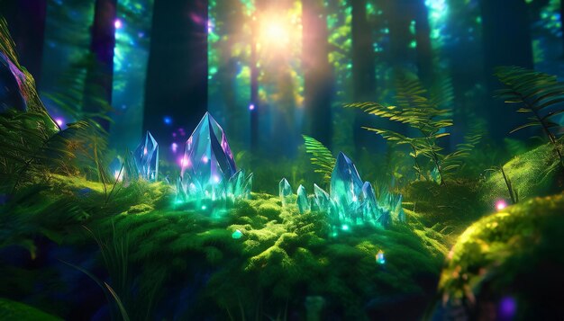 Photo glowing crystals in an enchanted forest bask in the warm glow of sun rays