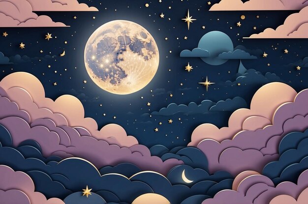 Photo glowing moon and starry nighttime background with clouds in papercut style