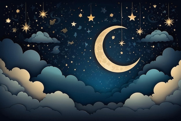 Photo glowing moon and starry nighttime background with clouds in papercut style