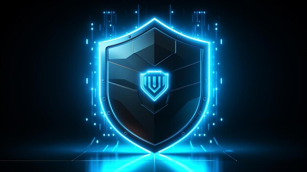 Photo glowing neon shield with shield icon isolated on brick wall background security shield security concept