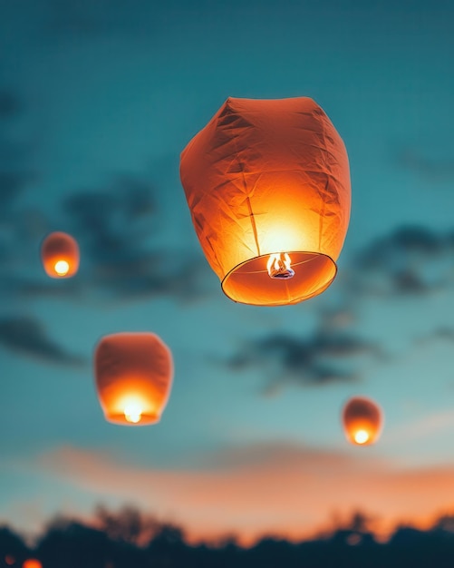 Glowing paper lanterns floating into the sky at dusk