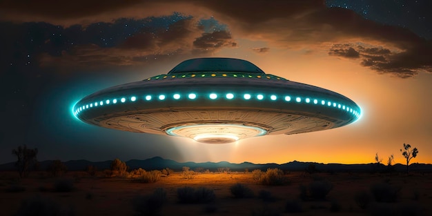 Glowing saucer shaped ufo hovering close to the ground in a dark forest at night alien writing sky filled with stars