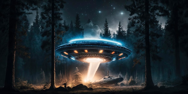 Glowing saucer shaped ufo hovering close to the ground in a dark forest at night alien writing sky filled with stars