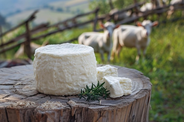 Photo goat cheese on the table and goats walking on the farm