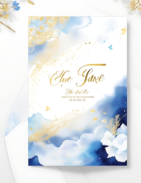 Photo gold and blue celestial floral invitation