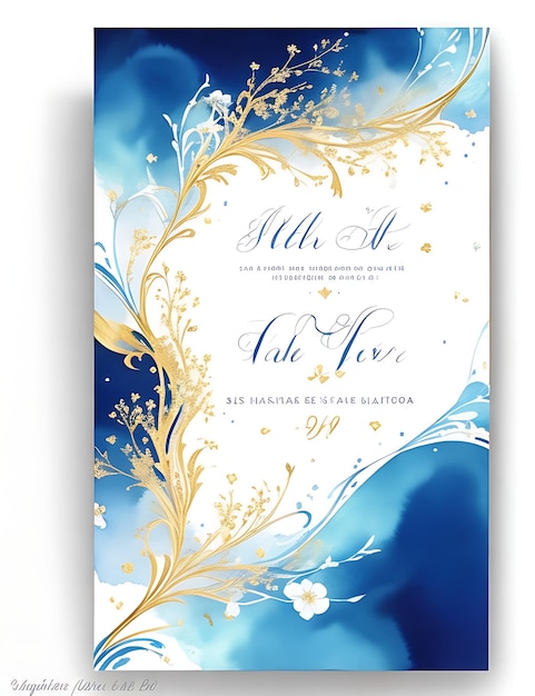 Photo gold and blue celestial floral invitation