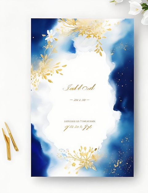 Photo gold and blue celestial floral invitation