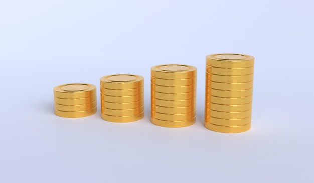 Gold coin stacks growing graph 3d render illustration