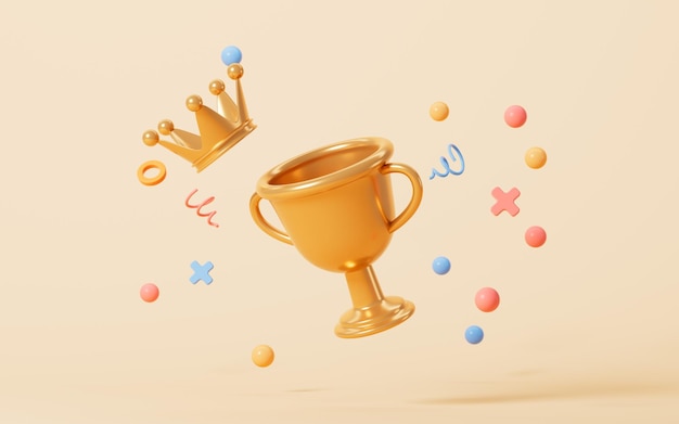 Photo gold crown and trophy in the yellow background 3d rendering digital drawing