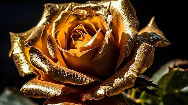 A gold rose with gold leaves is displayed.