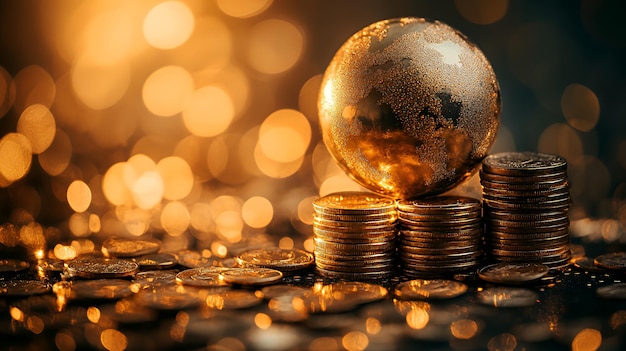 Golden Globe on Stacks of Coins with Bokeh Background