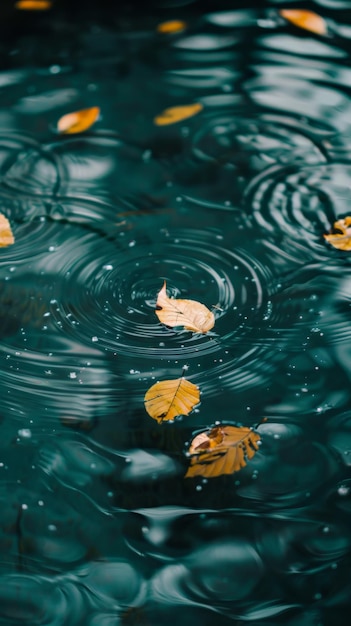 Photo golden leaves float on a teal pond creating a beautiful aesthetic