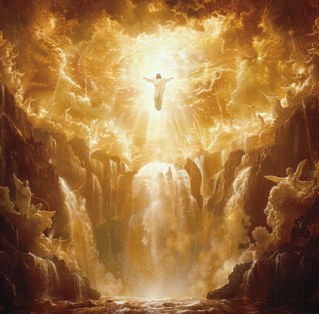 Photo golden light emanating from jesus ascendancy amidst heavenly waterfalls