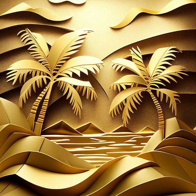 Golden palm trees and sea paper style Generative AI