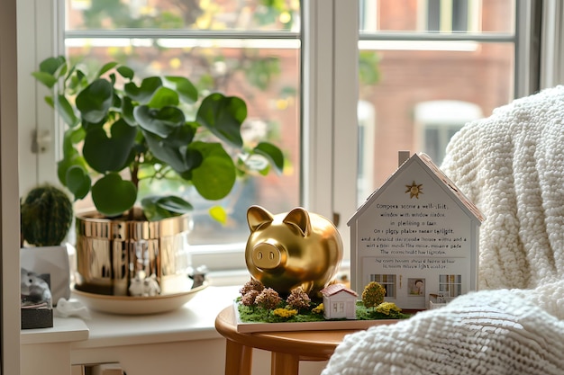 Photo golden piggy bank and miniature house on a table with a window view