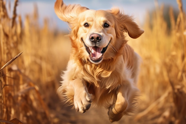 Golden Retriever dog running in the field on a sunny day A Golden Retriever dog runs energetically in a field with a blurred background AI Generated