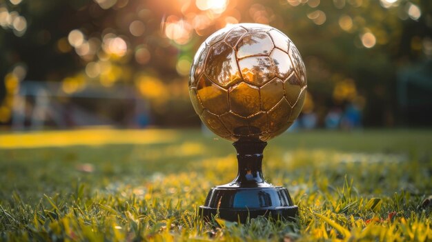 Foto trofeo d'oro di calcio sul campo d'erba