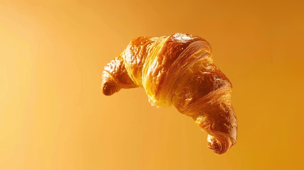 Foto un croissant marrone dorato che galleggia su uno sfondo luminoso che cattura una delizia perfetta per la colazione