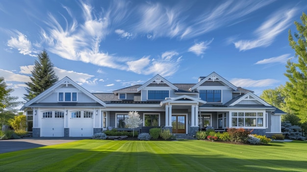 Photo gorgeous recentlybuilt house exterior featuring a spacious threecar garage and a lush green lawn