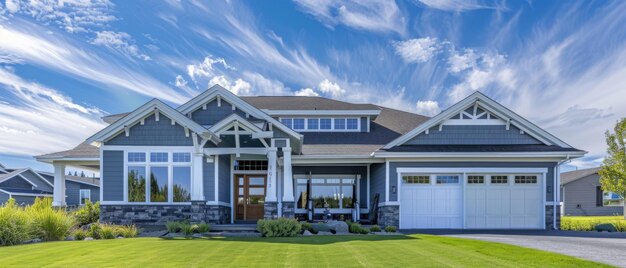 Photo gorgeous recentlybuilt house exterior featuring a spacious threecar garage and a lush green lawn