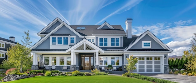 Photo gorgeous recentlybuilt house exterior featuring a spacious threecar garage and a lush green lawn