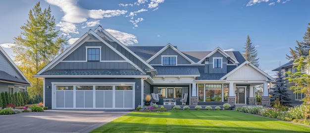 Photo gorgeous recentlybuilt house exterior featuring a spacious threecar garage and a lush green lawn