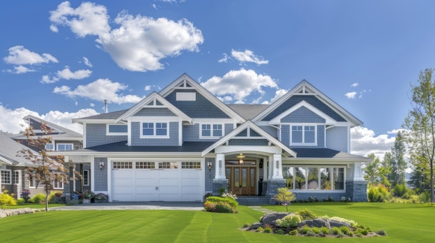 Photo gorgeous recentlybuilt house exterior featuring a spacious threecar garage and a lush green lawn