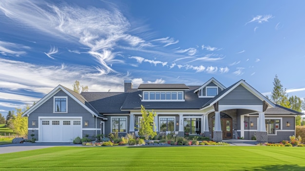 Photo gorgeous recentlybuilt house exterior featuring a spacious threecar garage and a lush green lawn