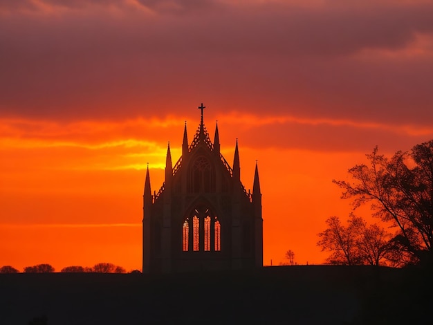 Gothic chapel silhouette illuminated by dramatic sunset