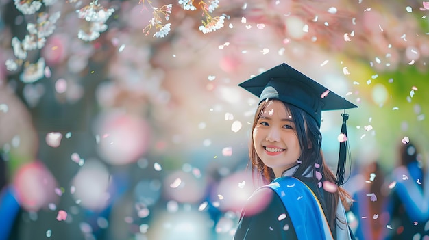 Photo graduate smiling among cherry blossoms and falling petals