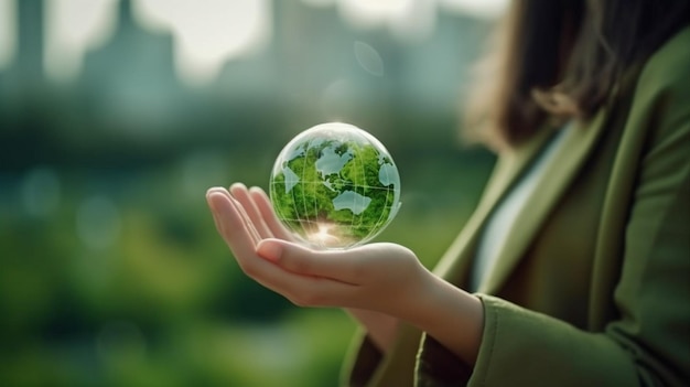 Grasping a green planet is a woman Earth with solar and wind energy in the backdrop Generative AI represents green energy and sustainable development