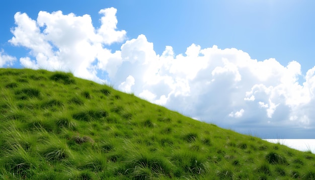 Photo grassy hill under a cloudy blue sky isolated with white highlights