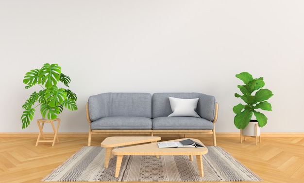 Gray sofa and green plant in white living room